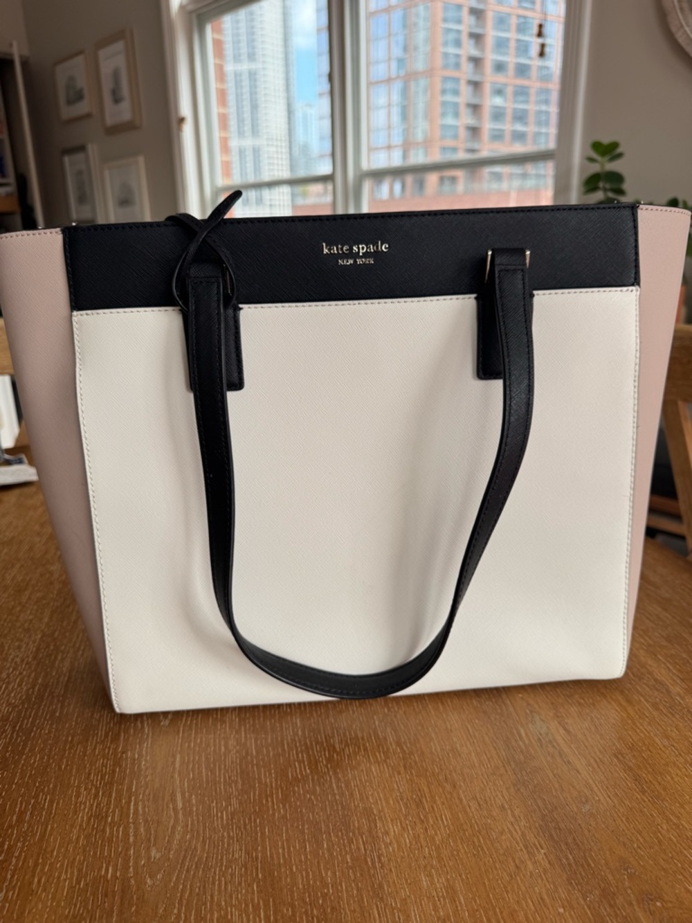 Kate Spade Cameron Colorblock Leather Laptop Tote Bag in Black/White/Beige